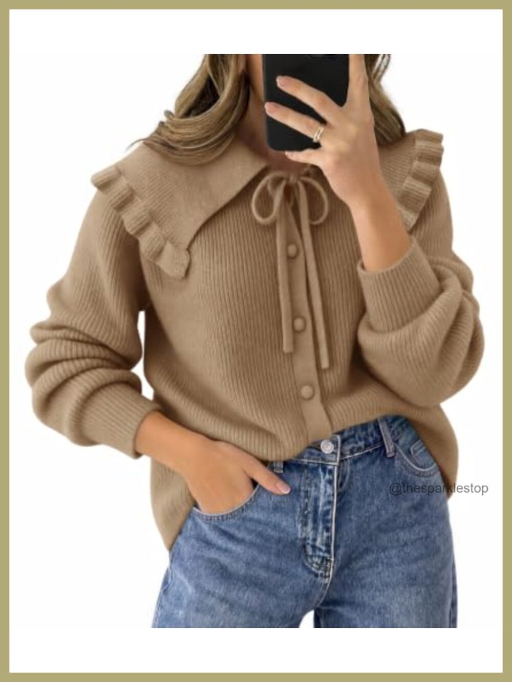 Oversized Ruffle Collar Cardigan Sweater Tie Peter Pan Button Up Knit